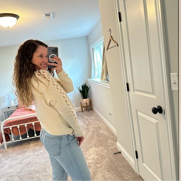 Kinross Cashmere Cream White Cross Hatch Sleeve Sweater XL - Picture 3 of 9